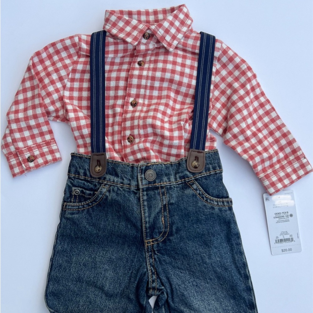 Red Checkered Kids bodysuit with Suspenders
12 Months